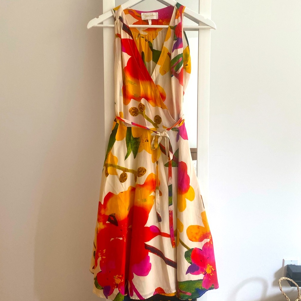 ☀️ 100% SILK Yumi Kim Wrap dress floral wedding guest midi a-line bloomin…